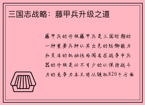 三国志战略：藤甲兵升级之道