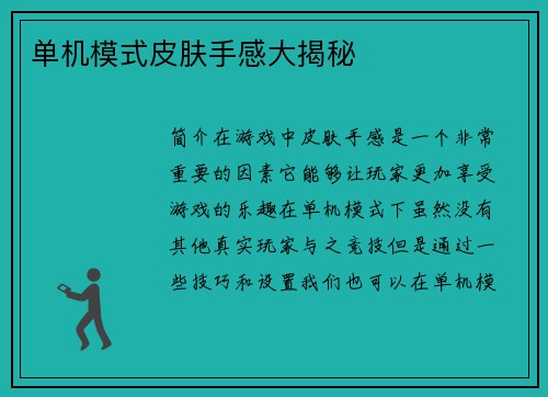单机模式皮肤手感大揭秘